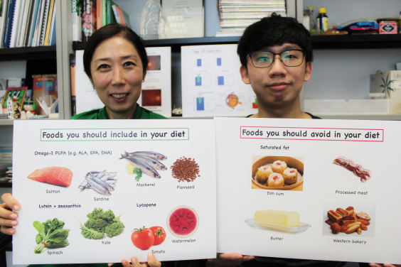 Dr Jetty C Y Lee (left) and her student from the School of Biological Science displaying the food to be included or avoided in the diet for AMD protection